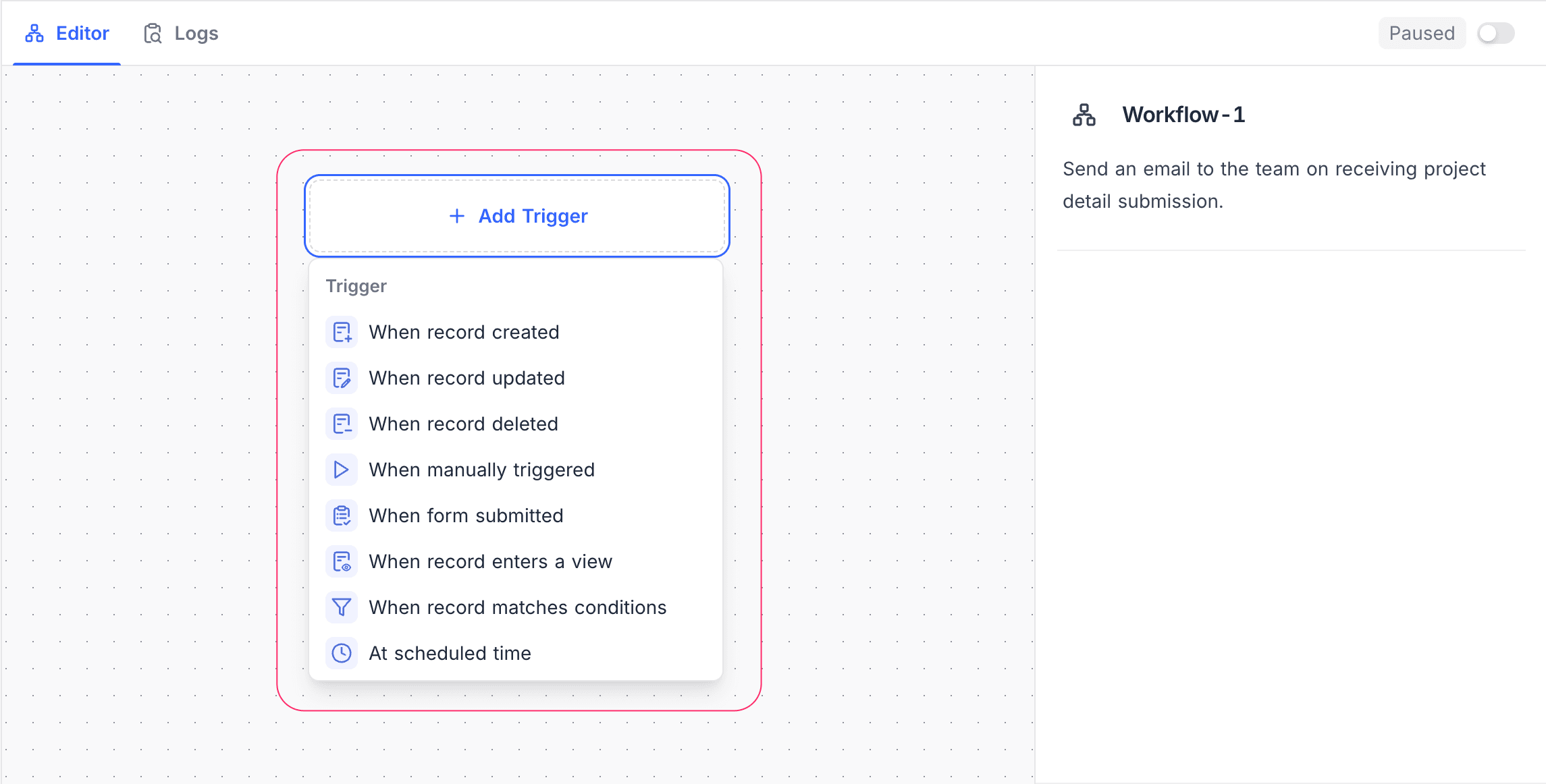 Adding trigger node