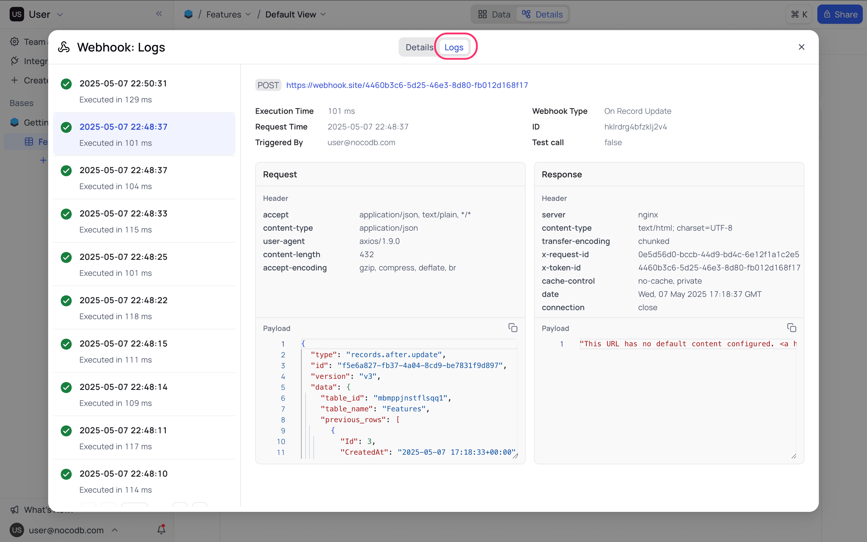 webhook v3 logs