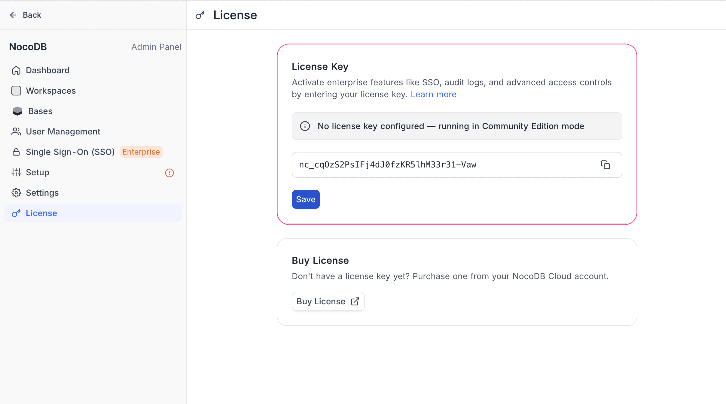 License page with a key entered