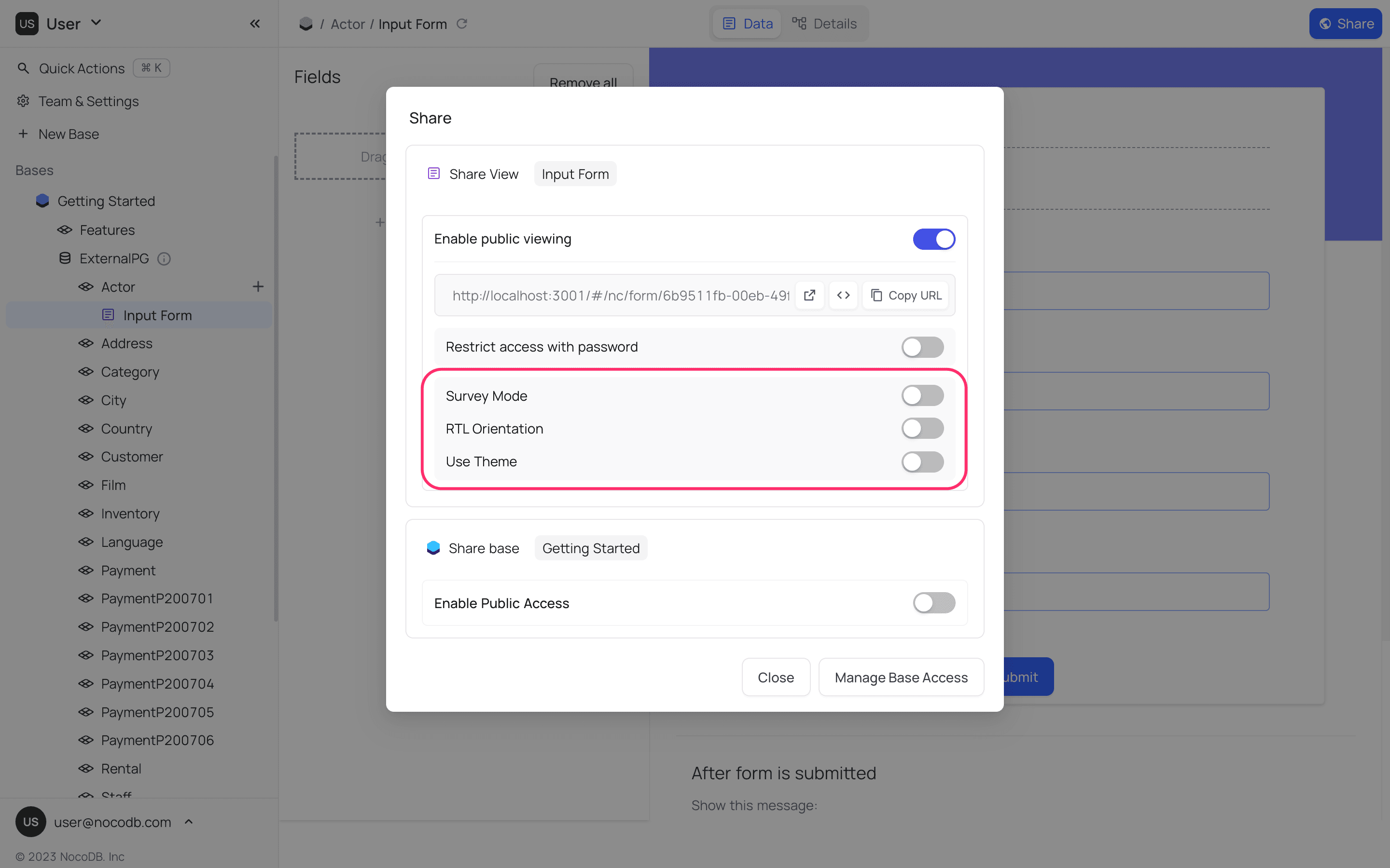 form view options